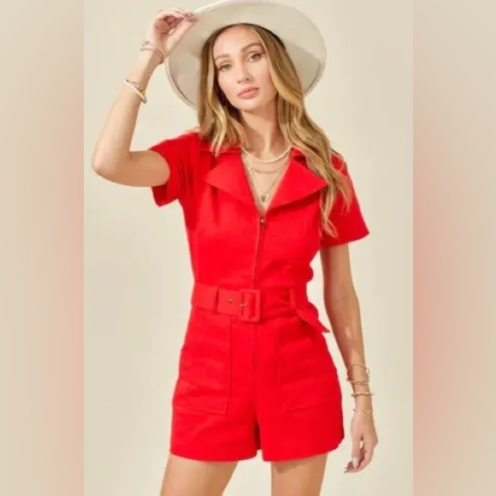 Red Short-Sleeve Belted Romper Jumpsuit